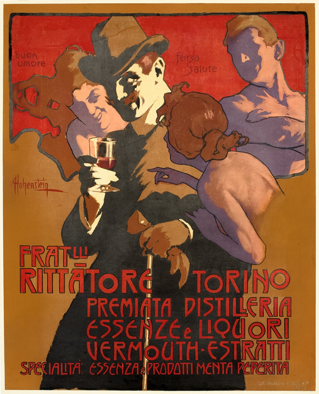 Gentleman surrounded by allegorical figures of strength, good humor and health; orange, black, beige