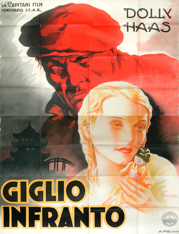 Girl holding doll is overshadowed by sinister man in red; red, yellow, black