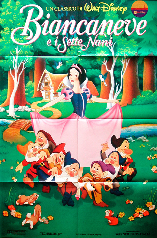 Snow white dances in forest with seven dwarves and animals around them; green, brown, pink