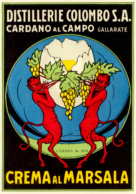 Satyrs hold egg with grape garlands; red, blue, black