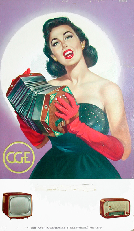 Woman plays accordion; purple, red, blue