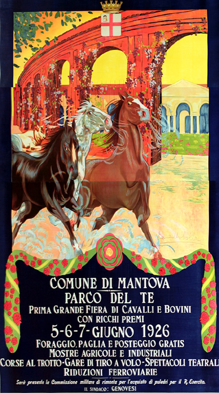 Horses gallop past arcade; orange, yellow, black
