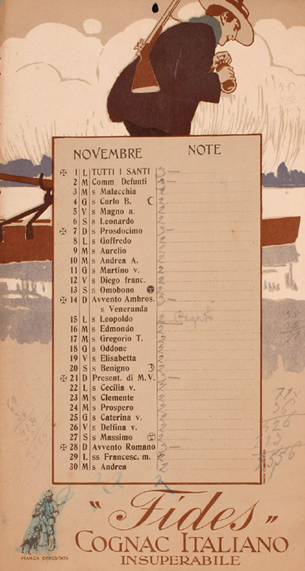 Hunter with rifle in boat with bottle; brown, blue