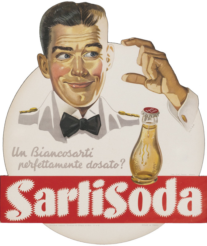 Waiter gestures with fingers, soda bottle resting on panel reading 'Sartisoda'; red, white, black, gray