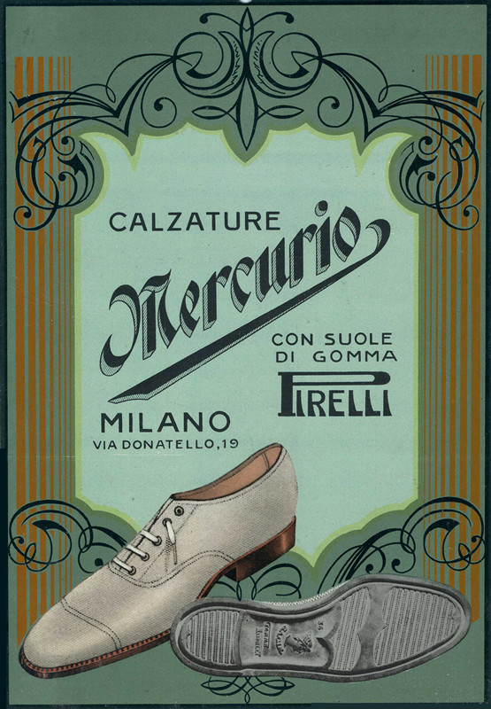 Pair of mens shoes set in stylized border with scrolls; green, gray, brown, blue