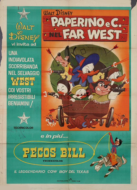 Donald Duck, Pluto, et al fire guns at Indians from covered wagon; orange, brown, blue