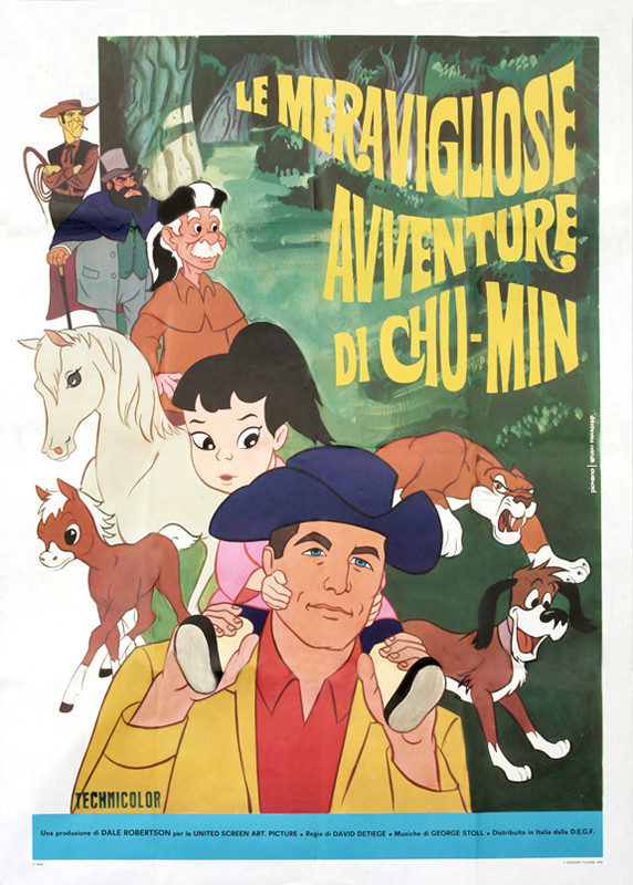 Cast of characters from left to center of poster, animals, landscape  to right side; green,yellow, brown