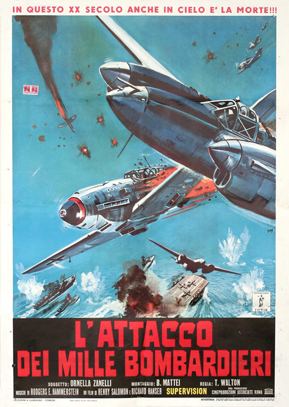 Naval war scenes with bombing planes; red, black, orange, blue