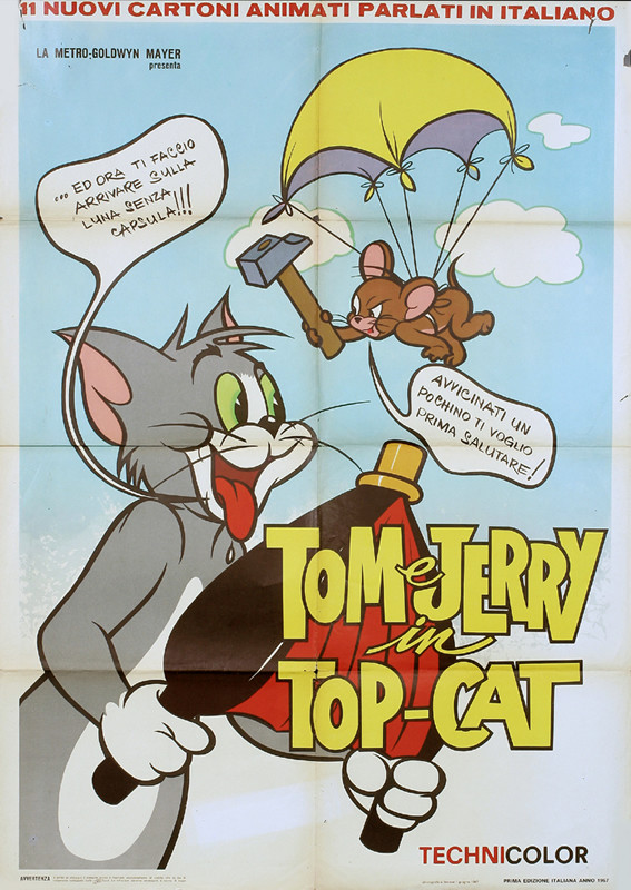 Tom blows bellows to keep Jerry and parachute aloft; blue, yellow, red