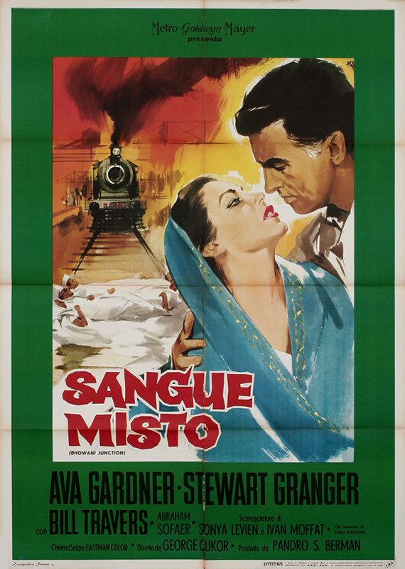 Indian woman Ava Gardner and British man Stewart Granger embrace, train approaches bodies on track; orange, blue