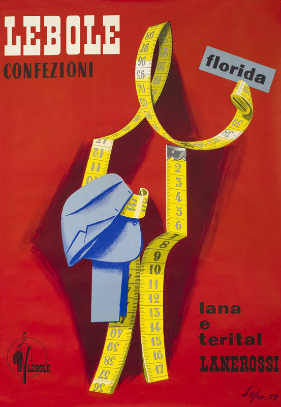 Man made of tape measure holds suit; red, blue, yellow