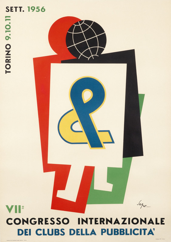 Block like human figure with a globe for a head wearing a sign; black red, green, blue