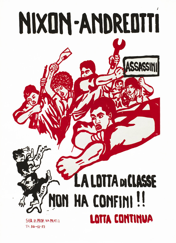Crowd of protestors, Andreotti and Nixon fleeing Italy and Vietnam; black, red, white