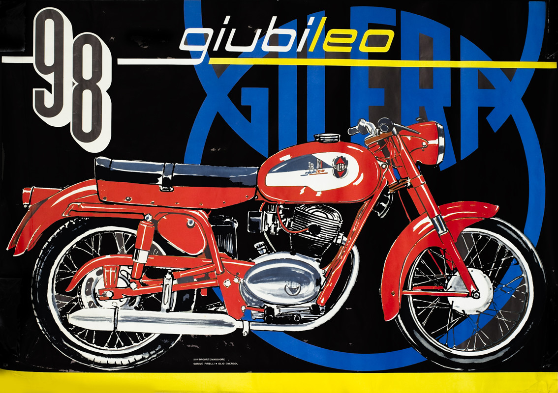 Motorcycle with Gilera logo and "98" floating behind; red, blue, black, yellow