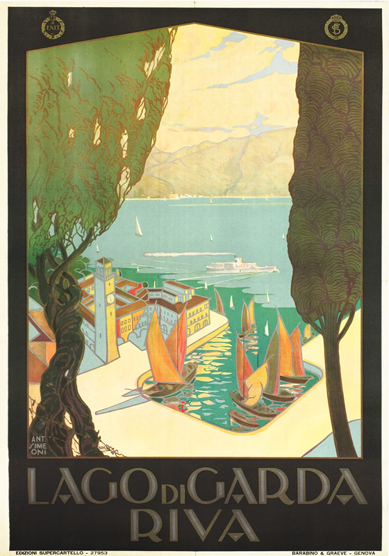 View through cypress and olive trees of harbor town Riva, sailboats, ferry, hills in distance; green, black, yellow, red, blue