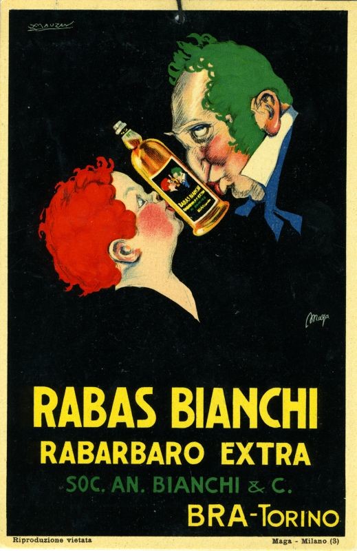Two figures nose to nose with bottle; green, orange, yellow, black