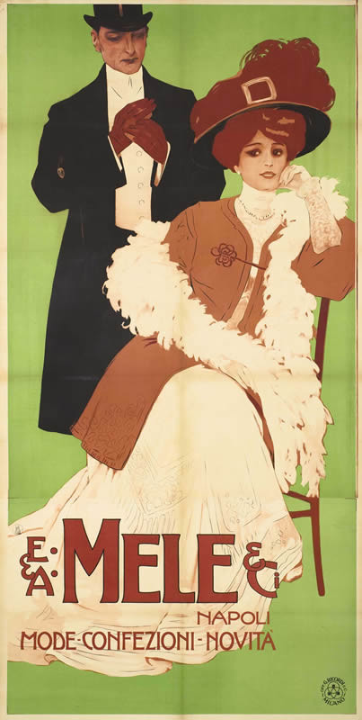 Elegant woman with feather hat and boa sits in chair, gentleman in top hat adjusts gloves behind; green, maroon, pink, white, black