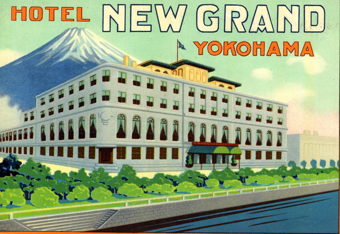 hotel with peak in back; gray, blue, green