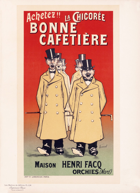 Men in coats and top hats; red, yellow, green