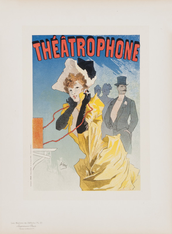 Happy woman uses the theatrophone; yellow, blue, red