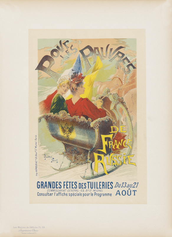 Two women being pulled in a horse drawn sleigh; green, pink, yellow, red, pastel