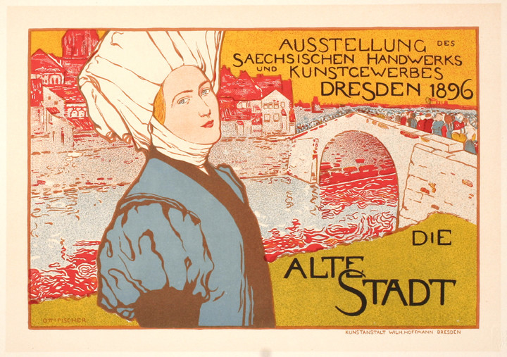 Woman in local costume by a river; gold, blue, red