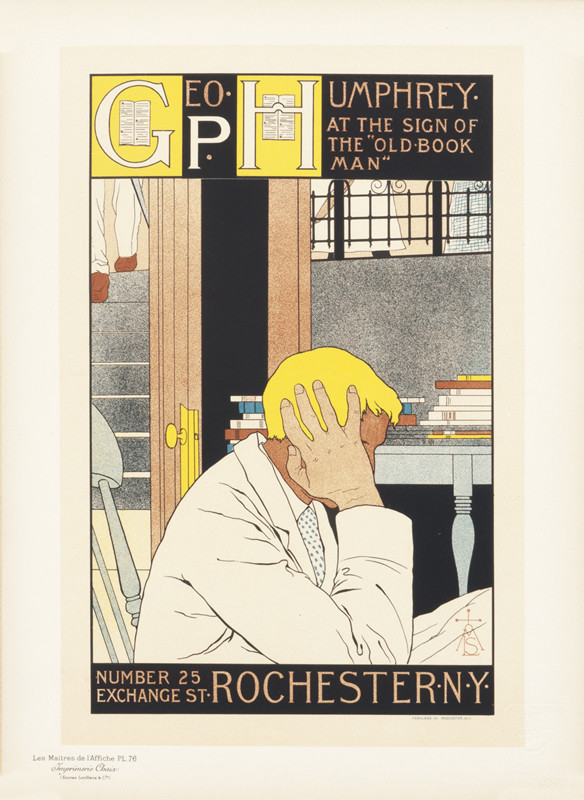 Profile of man in bookstore; yellow, beige, gray, blue, red