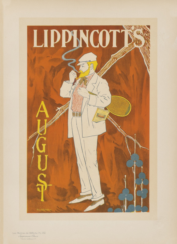 Man smoking a pipe carrying tennis racket; red, orange