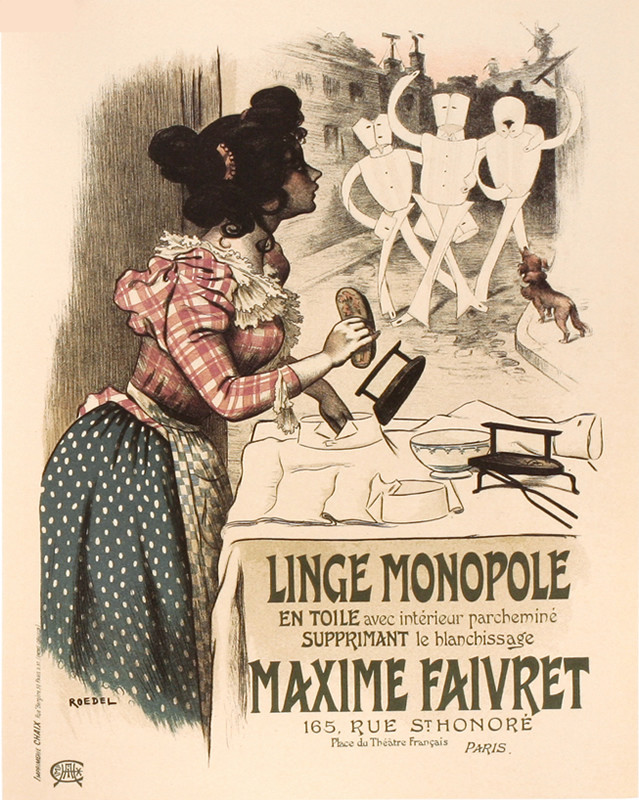 Woman irons shirt collars, men made of shirt collars walk down street; gray, brown, mauve, blue