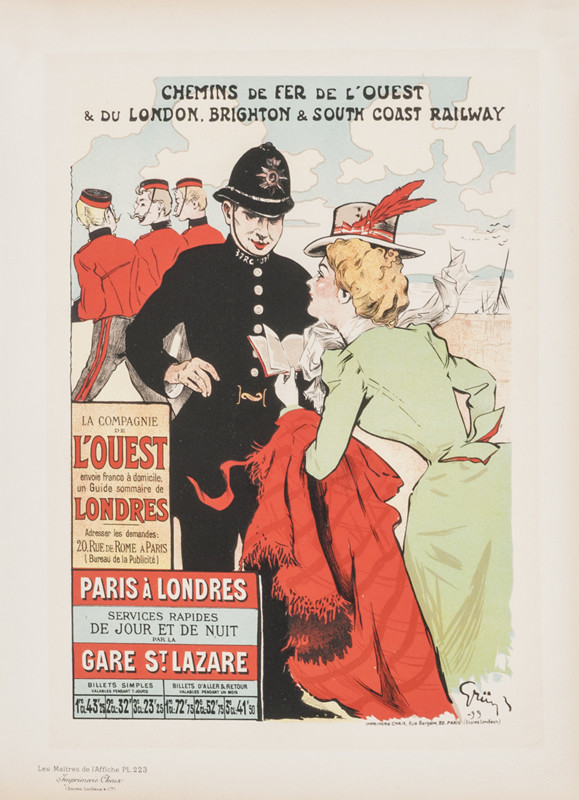 Policeman talks to woman; red, green, black