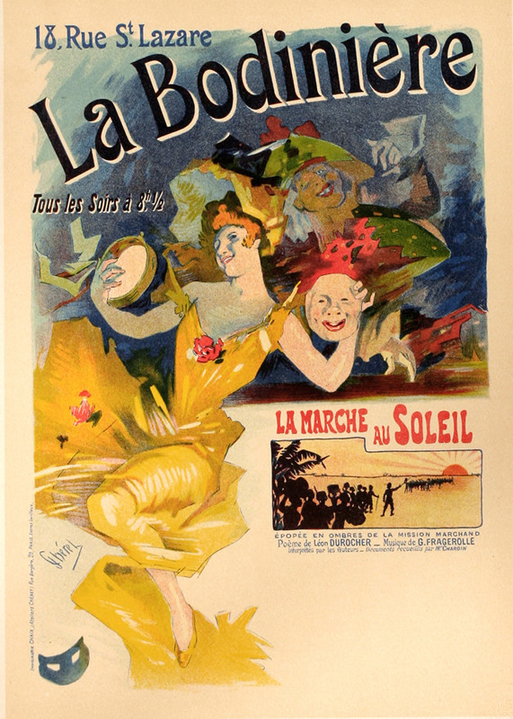 Woman in yellow holds up mask and tambourine; blue, yellow