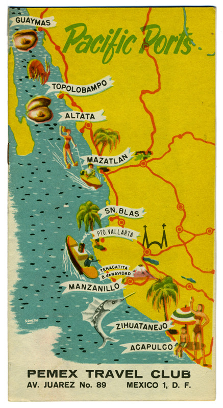 Map of Mexican coast; yellow, orange, green, blue
