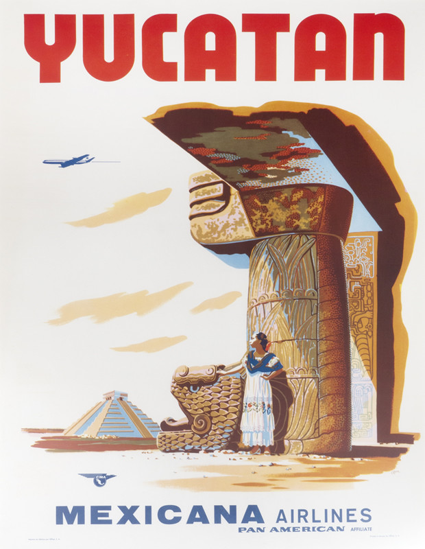 Plane flying over Mayan pyramid ruin and woman in traditional dress standing in front of stone monument; red, brown, blue