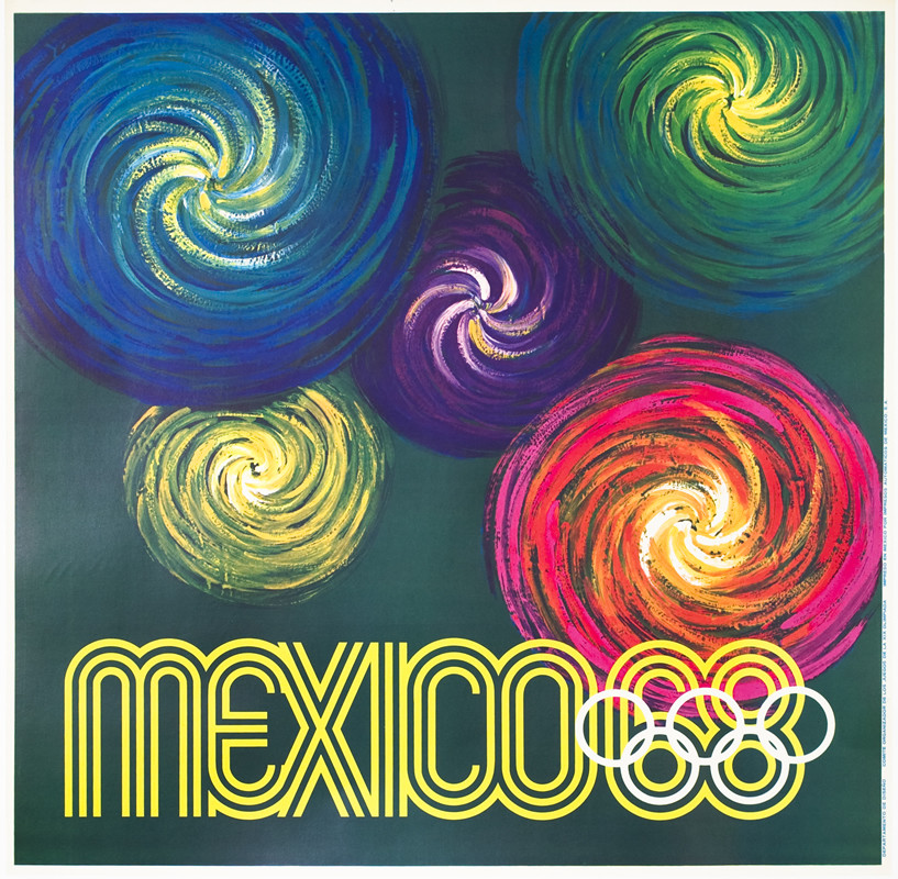 Five color bursts like Olympic logo/fireworks; green, red, purple, blue, yellow