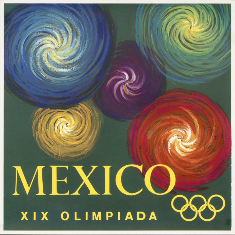 Five color bursts like Olympic logo/fireworks; green, red, purple, blue, yellow