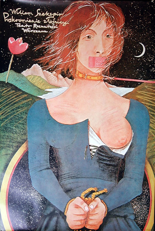 Woman bound and gagged, with bare breast; green blue
