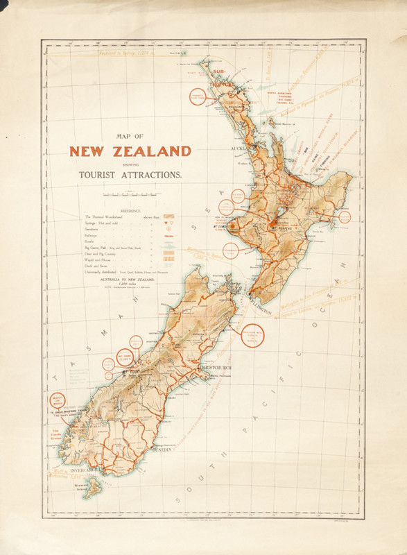 Map of New Zealand; white, black, red, blue