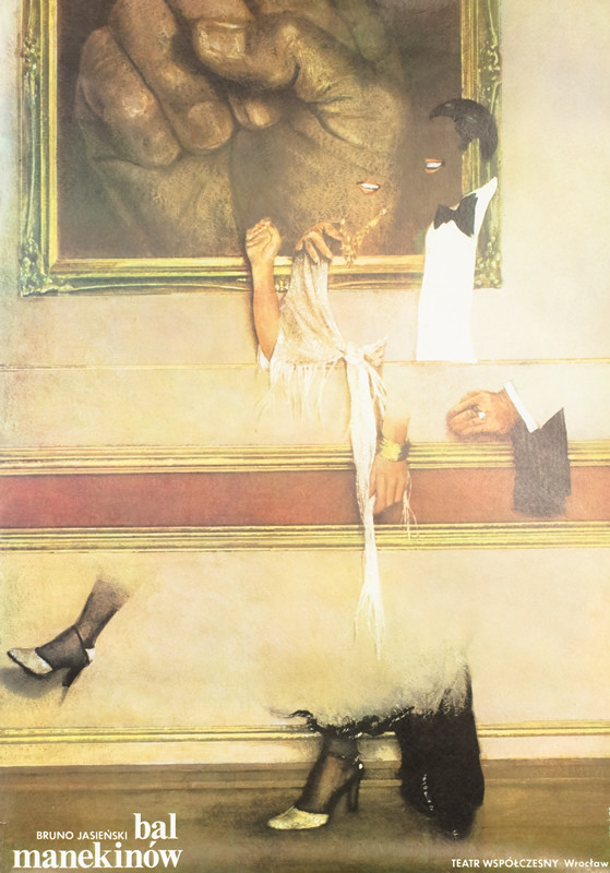 Abstract couple dancing in from of painting of fist; brown, gray, red