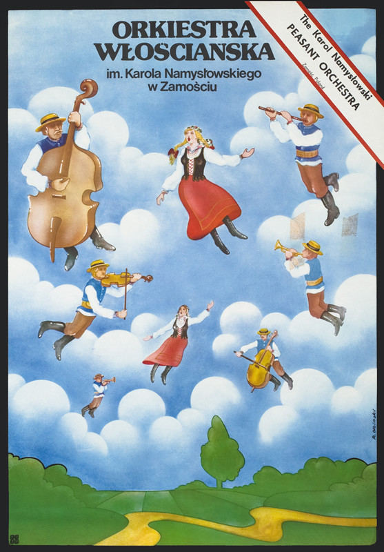 Musicians in peasant garb float in the air above the countryside; blue, green, red
