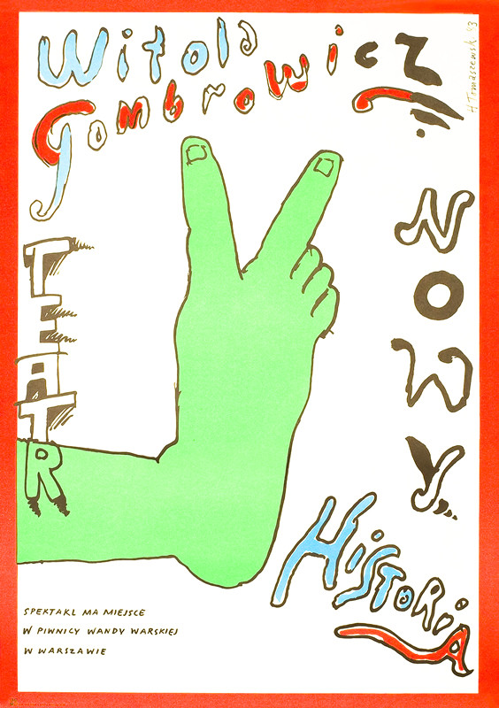 Giant foot with two long toes making peace sign; green, red, white