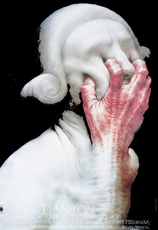 Face with wig covered by a wrinkly hand; white, red, black