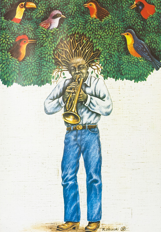 Trumpet player with hair growing as roots of tree with tropical birds perching; green, blue, brown, red
