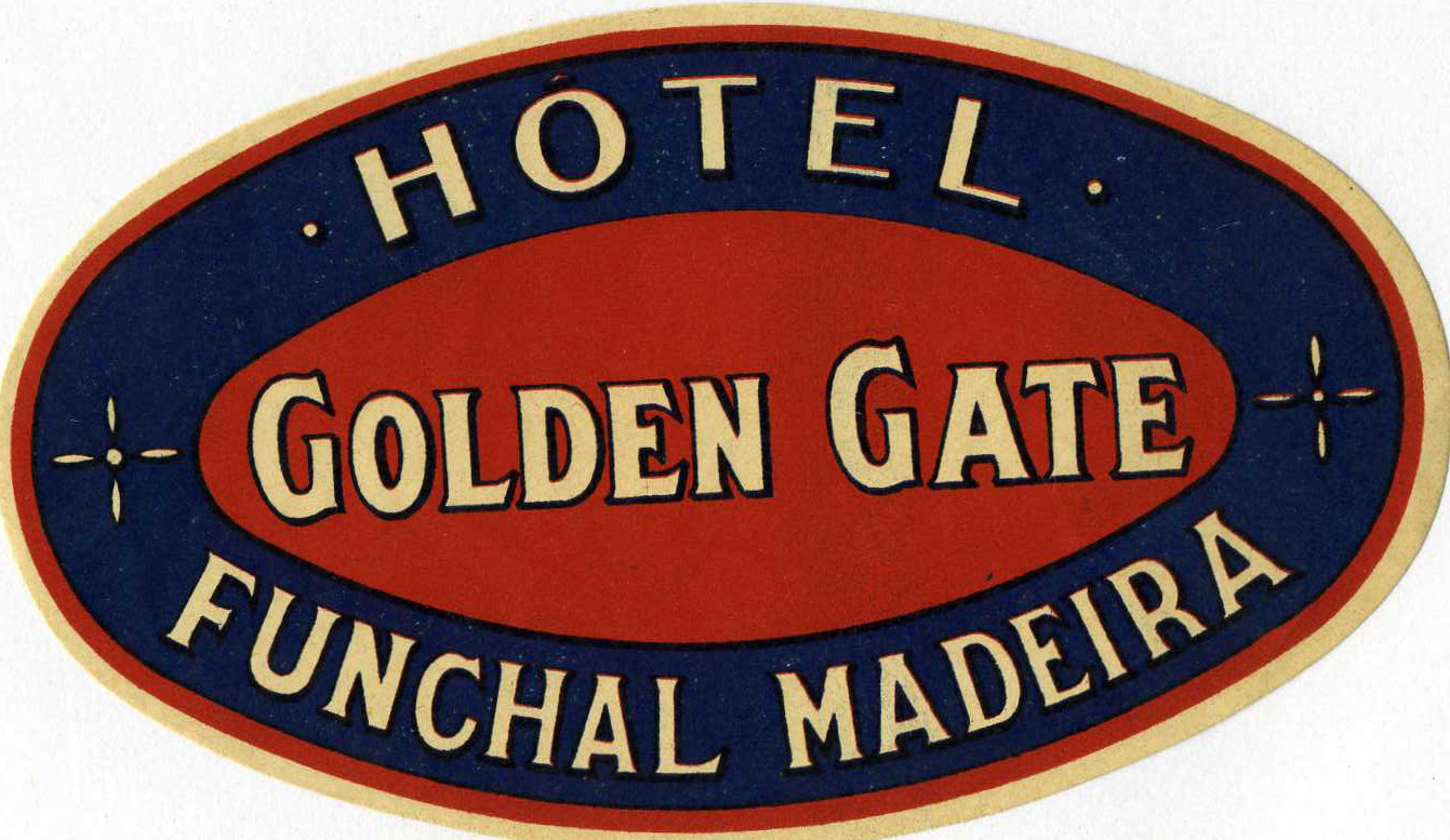 Name of hotel within oval, star shapes; blue, red, white