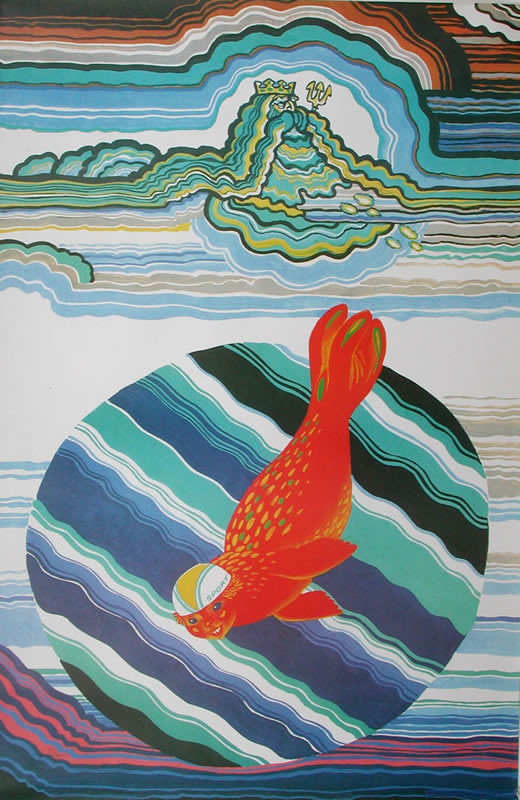 Sea lion with ball; red, blue, black