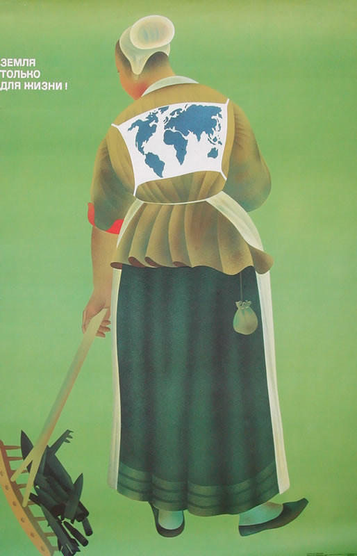 Garbage woman sweeps away nukes; yellow, black