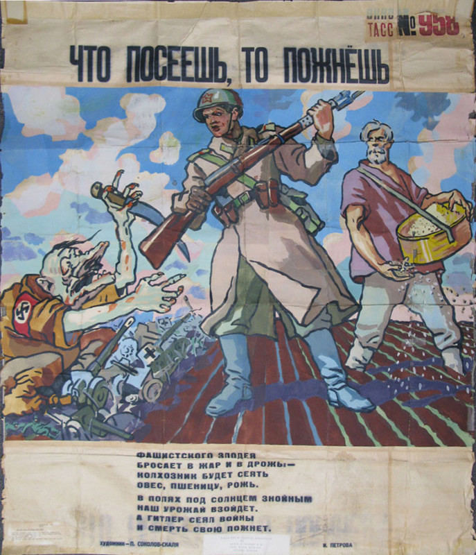 A Soviet soldier fights back Hitler while a Russian farmer sows field in his wake; brown, blue, white
