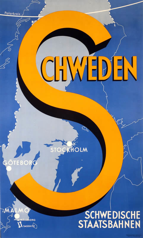 Letter S over map of Sweden with cities marked; blue, orange, white