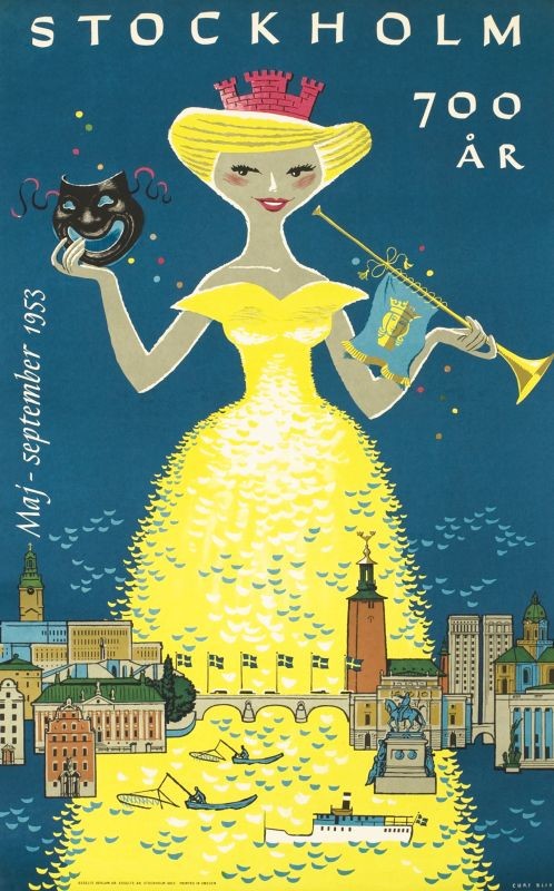 Woman with carnival mask and trumpet above city and water; yellow, blue