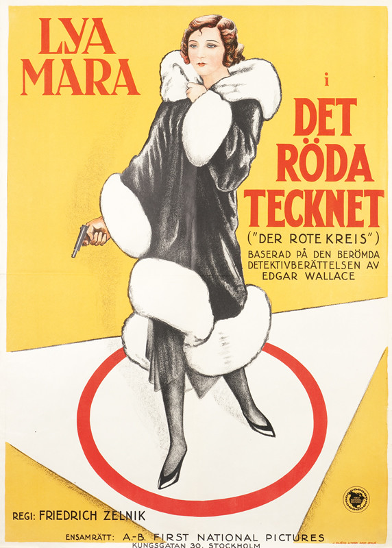 Female villian in fancy fur coat holds pistol, stands in middle of red circle