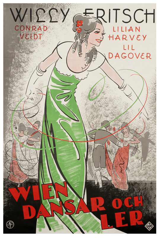 Beautiful Lilian Harvey, glove seller, dances in circle, couples in period dress dance behind; gray, red, green